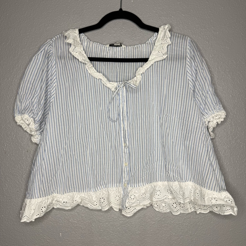 American Eagle Light Blue Stripe Lace-Trim Women's Top- XXL